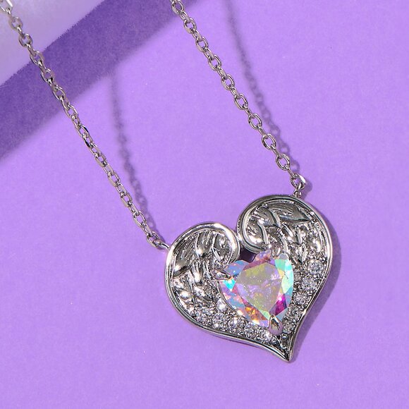 Angel Wing Necklace with Pink Aurora Borealis Heart - Charmed Aroma Snow Angels - Picture 1 of 4
